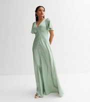 New Look Petite Light Green Satin Flutter Sleeve Maxi Dress